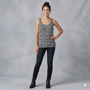 Liz Claiborne Womens Size Medium Black White Geometric Tiered Ruffle Tank Top